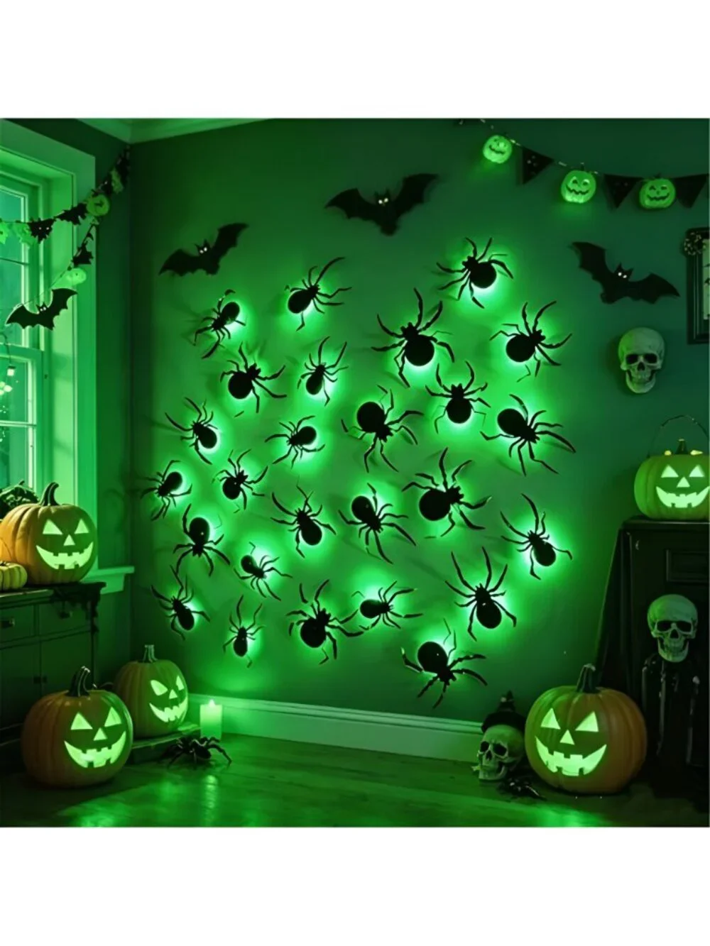 36 Pack Halloween Wall Decor Light up Spiders, Green